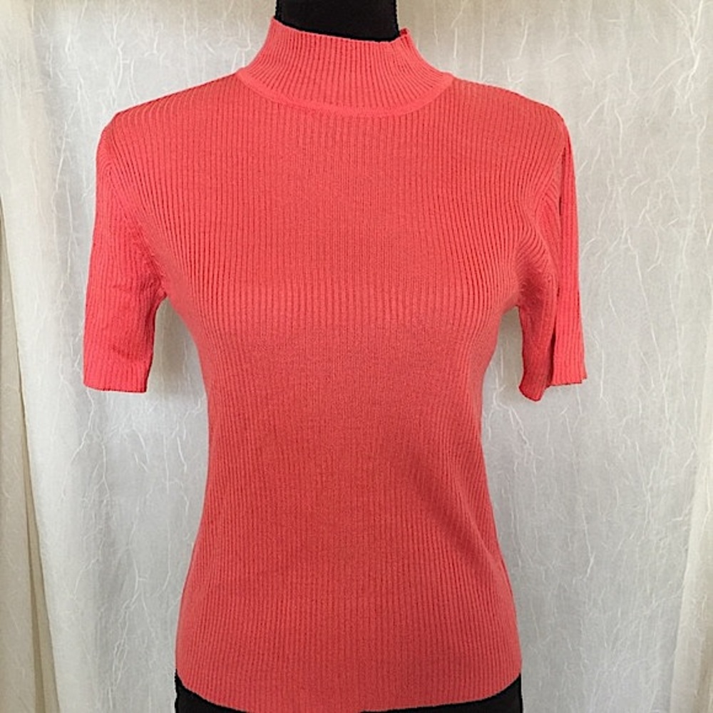 90'ss Vintage Sag Harbor Orange Ribbed Mock Neck Short Sleeve Sweater